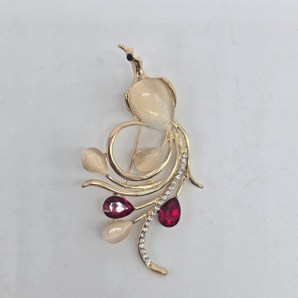 Vintage  Rhinestone Red Crystals White Cat Eye Stone Feathers Peacock Brooch Pin